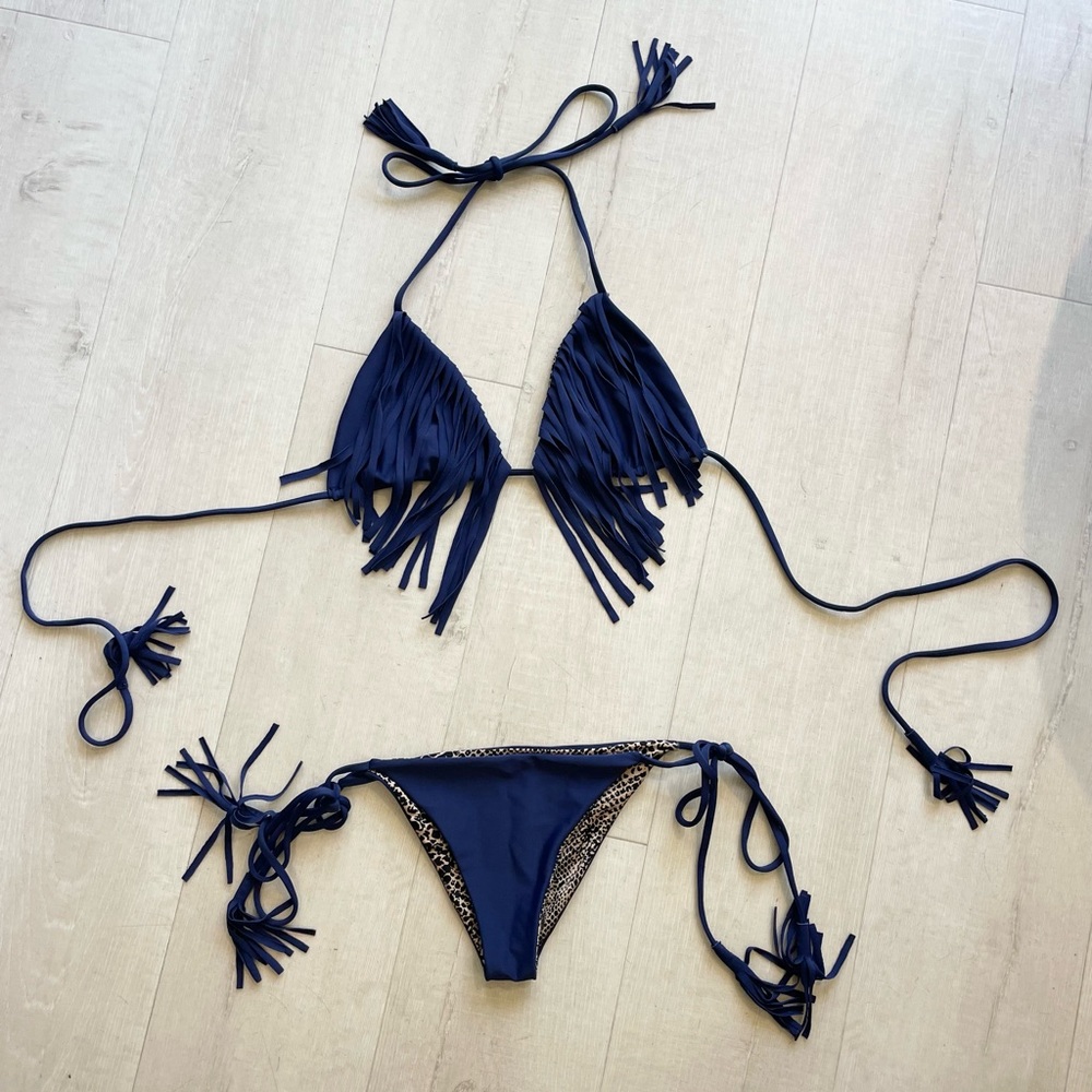 Acacia Blue Fringe Bikini - Top Large & Bottom Small